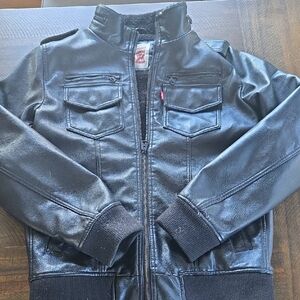 Levi's Black Motorcycle Leather Jacket with Zipper and Ribbed Cuffs